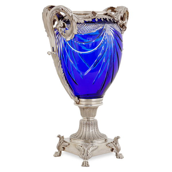 096CO - Blue crystal and brass vase
